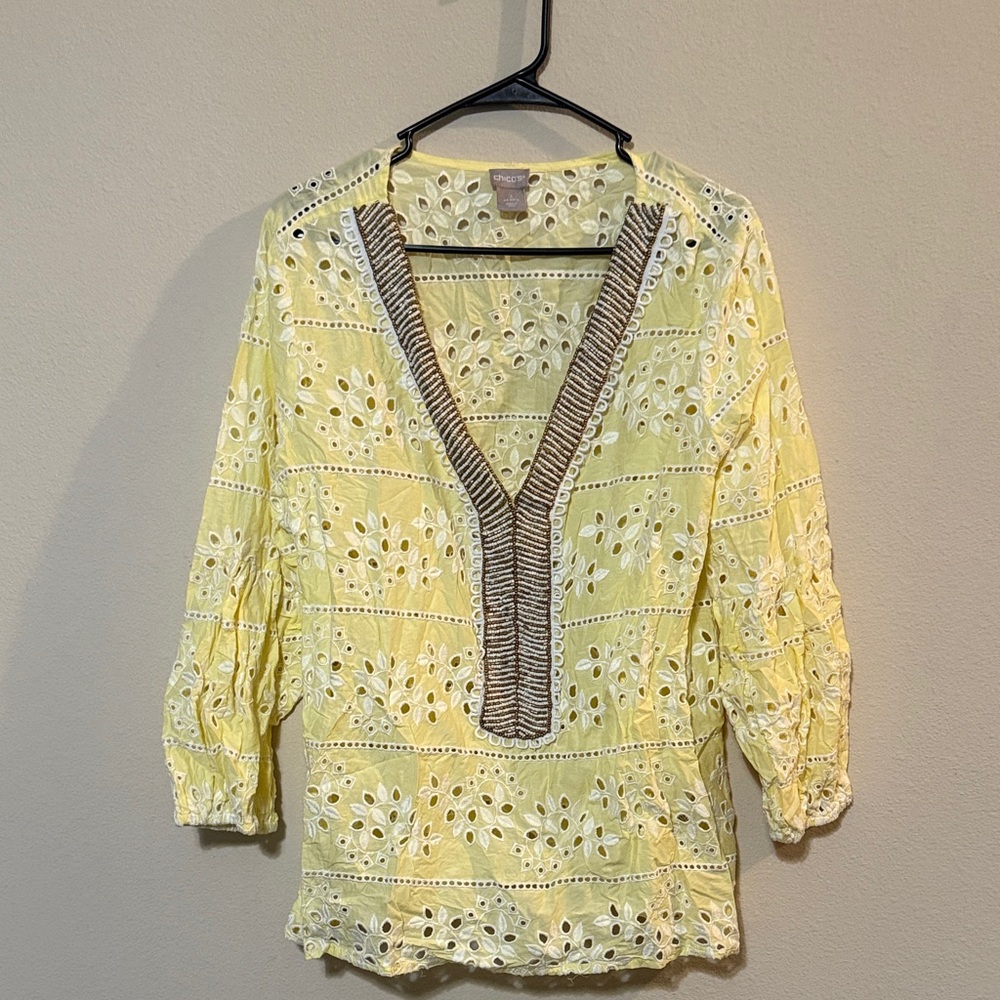 Chico's Yellow Eyelet Tunic with Contrast Embroidered V-Neck